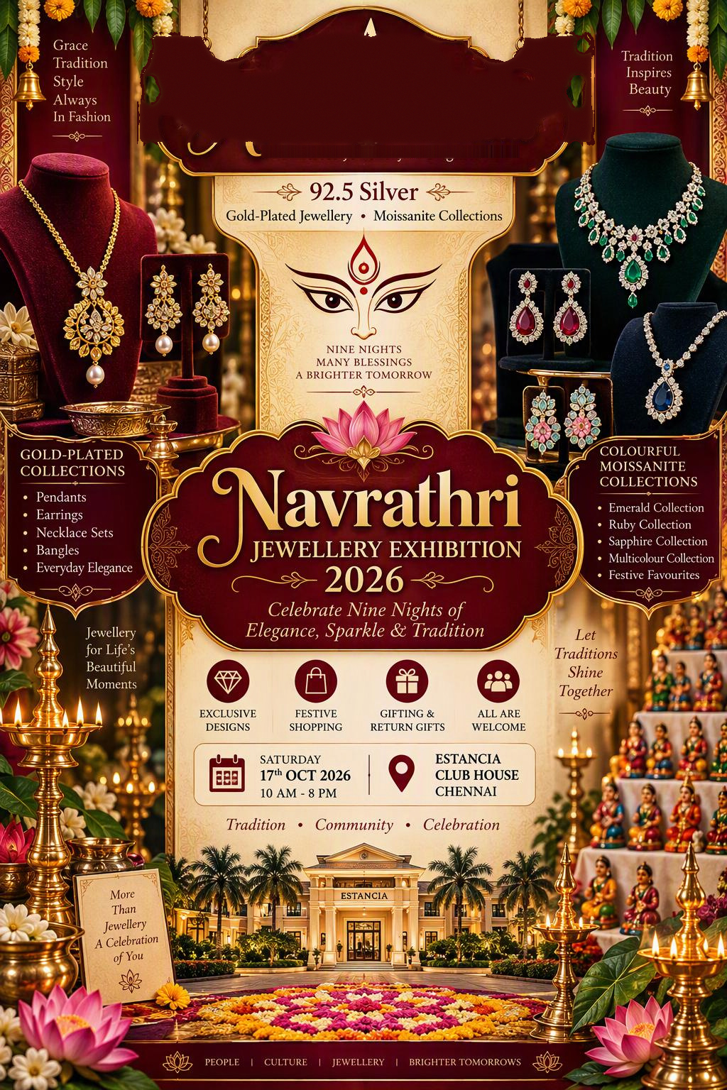 Exhibition poster for the Navratri Jewellery Exhibition on 17 October 2026 at Estancia Club House, Chennai.